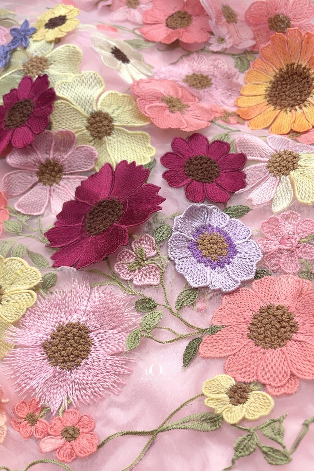 3d flower fabric baby pink close-up on mesh, lightweight floral texture for gowns and dresses