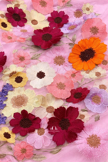3d flower fabric on blush net base, celebrity-inspired 3D florals for designer wear