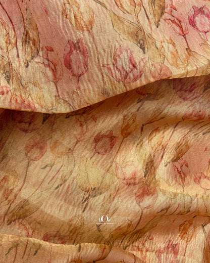 Varanasi handloom Banarasi crushed tissue lehenga with vibrant color and gold embroidery.