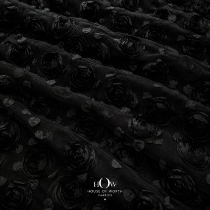 Black 3D floral net fabric for gowns, corsets and evening wear