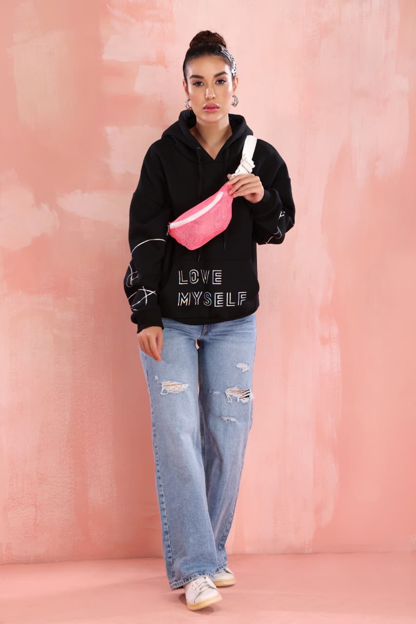 Black BTS hoodie women with love myself print kpop fashion streetwear top