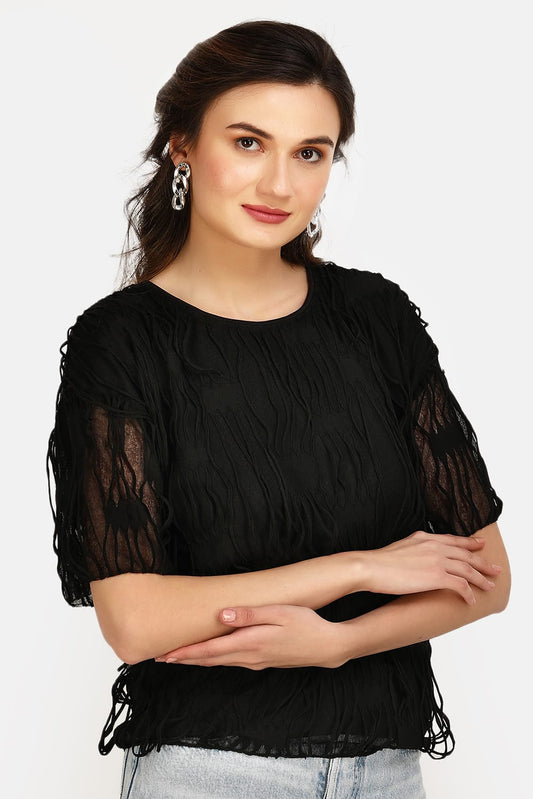 Black women’s casual t shirt with short sleeves and textured fabric stylish everyday tee for women