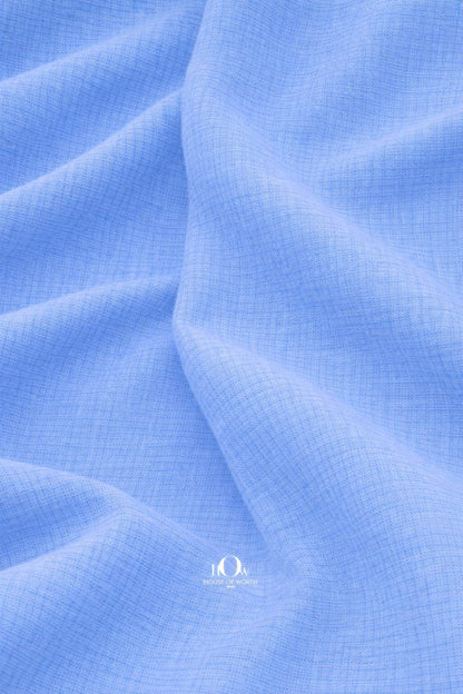 Premium cotton linen blend fabric blue weave close up for garment manufacturing