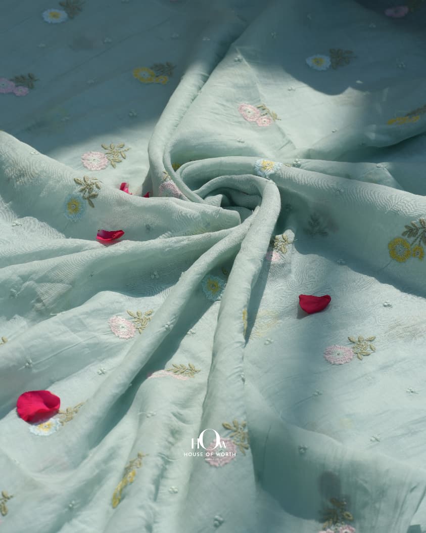 Dusty blue mul chanderi fabric for designer suits and sarees