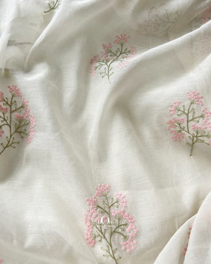 Floral Mul Chanderi fabric suited to kurtas, dresses and sarees in blush and sage