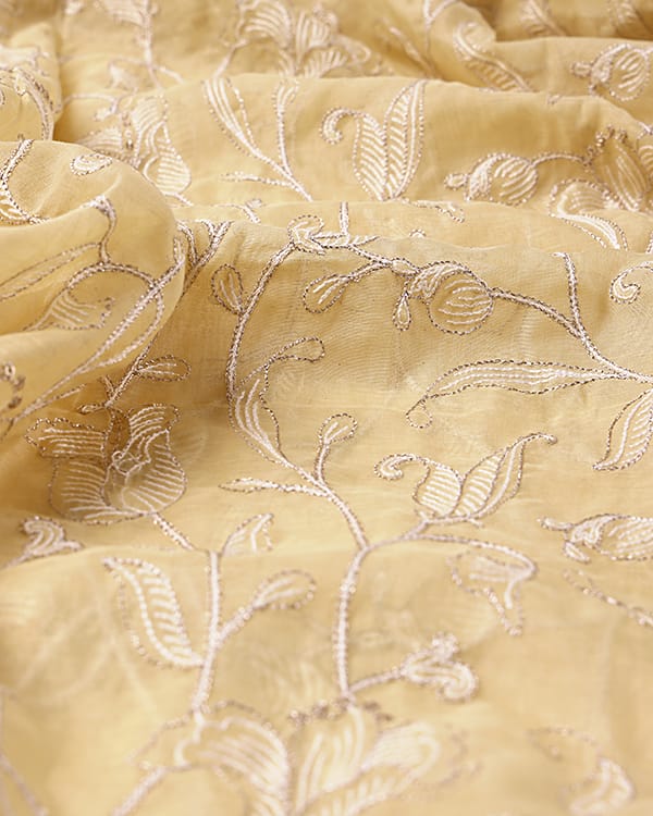 breathable mul chanderi handloom fabric with intricate embroidery for festive wear