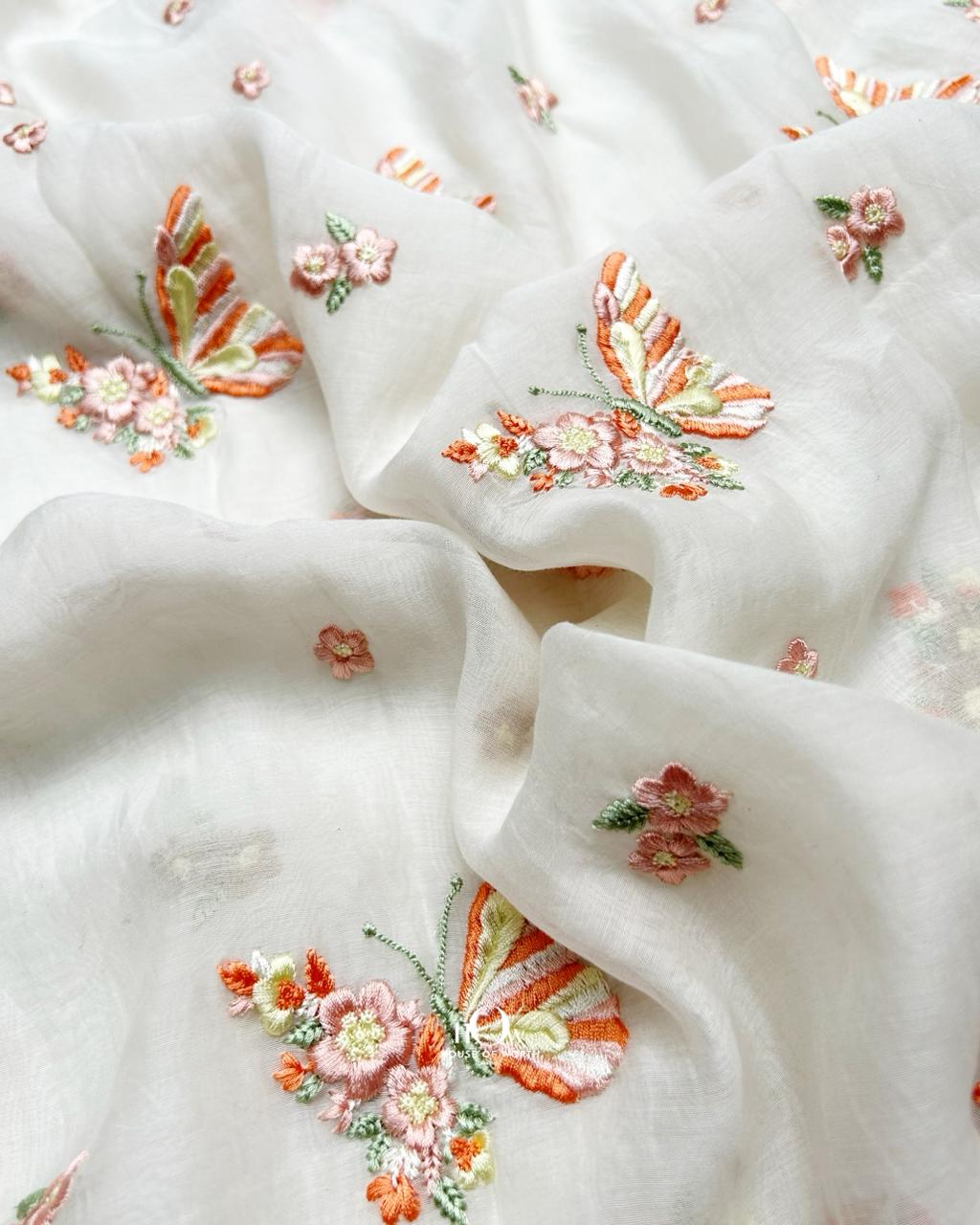 Butterfly embroidered Mul Chanderi fabric drape
