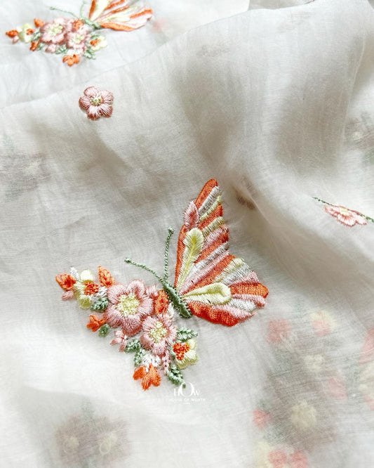 Pure Mul Chanderi fabric with butterfly embroidery close-up