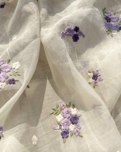Wholesale supplier of dyeable Pure Chanderi fabric – off-white base with thread embroidered purple buttas, available in Delhi and Surat.