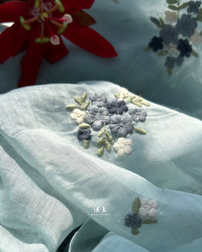 Buy embroidered  Pure Mul Chanderi fabric in bulk – soft handwoven fabric with butta detailing for kurti and saree.