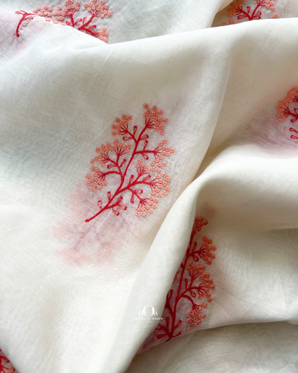 Festive Mul Chanderi fabric for sarees, lehengas and kurtas in coral pink and red