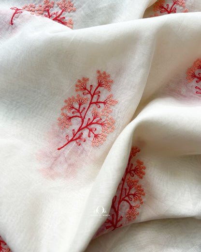 Festive Mul Chanderi fabric for sarees, lehengas and kurtas in coral pink and red