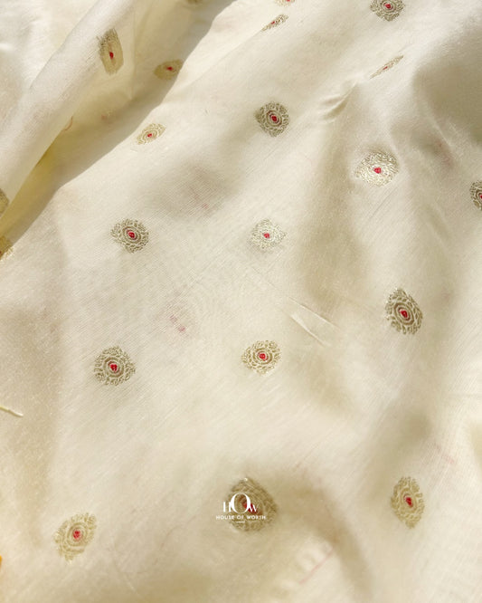 Cream pure cotton Chanderi fabric with buti motifs for designer sarees