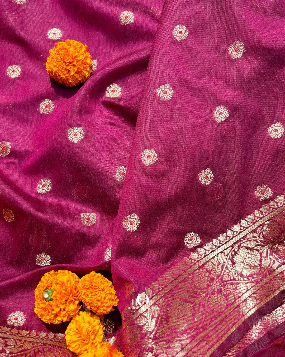 Deep magenta pure cotton Chanderi with embroidered side borders for sarees and dupattas