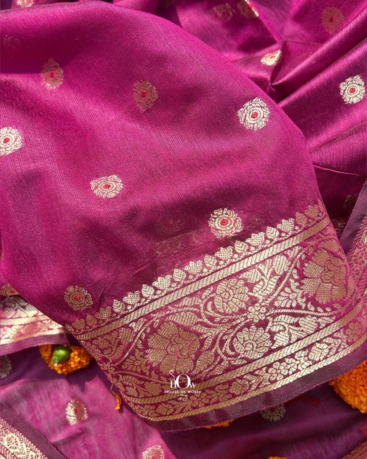 Deep magenta Chanderi fabric with floral borders and buti motifs for designer dupattas