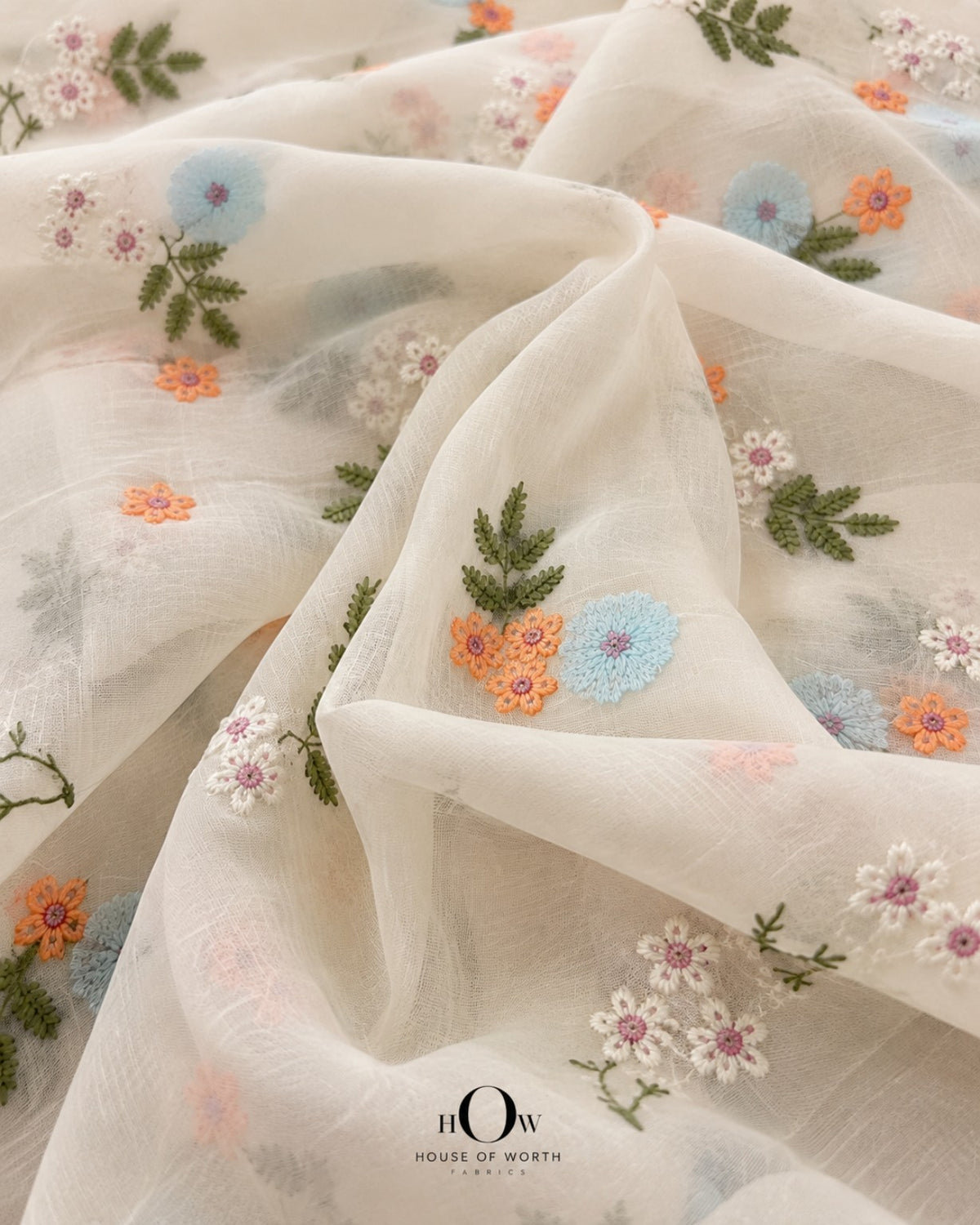 Ivory floral embroidered Mul Chanderi suited to kurtas, suit sets, dresses and Indo-western wear