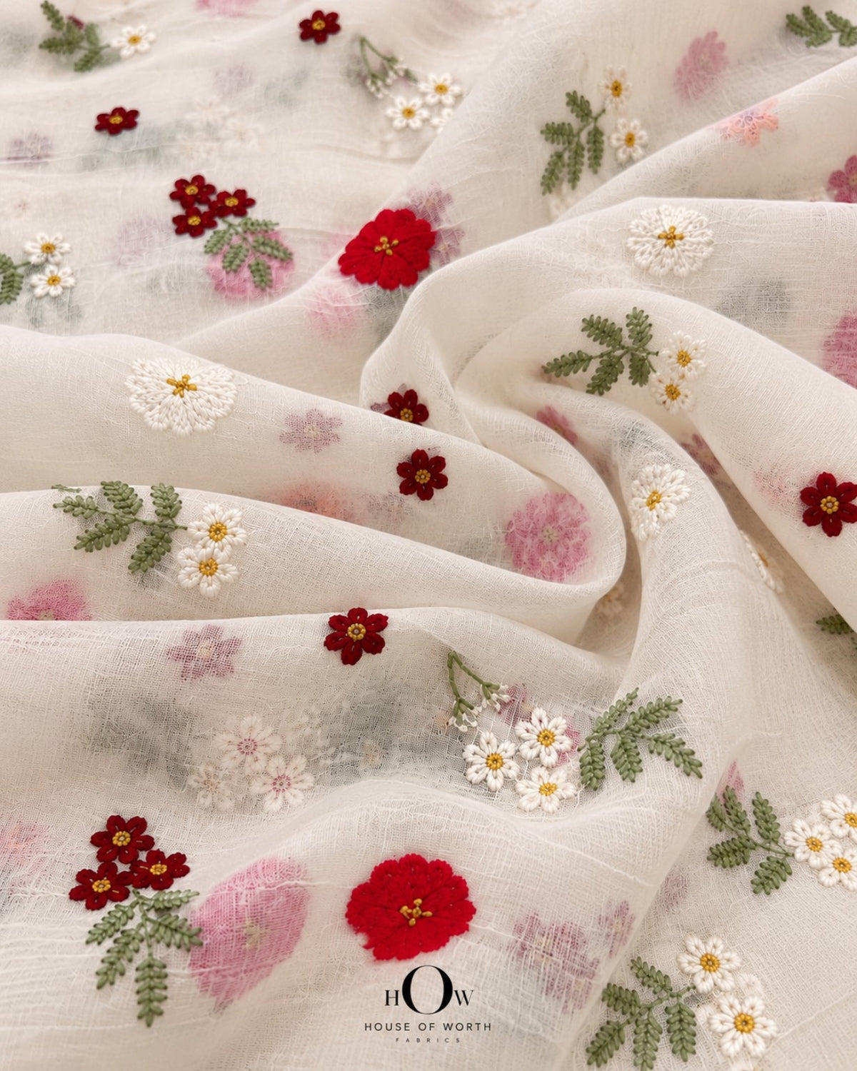 Ivory red floral Mul Chanderi for kurtas, suit sets, dresses, skirts and festive Indo-western wear