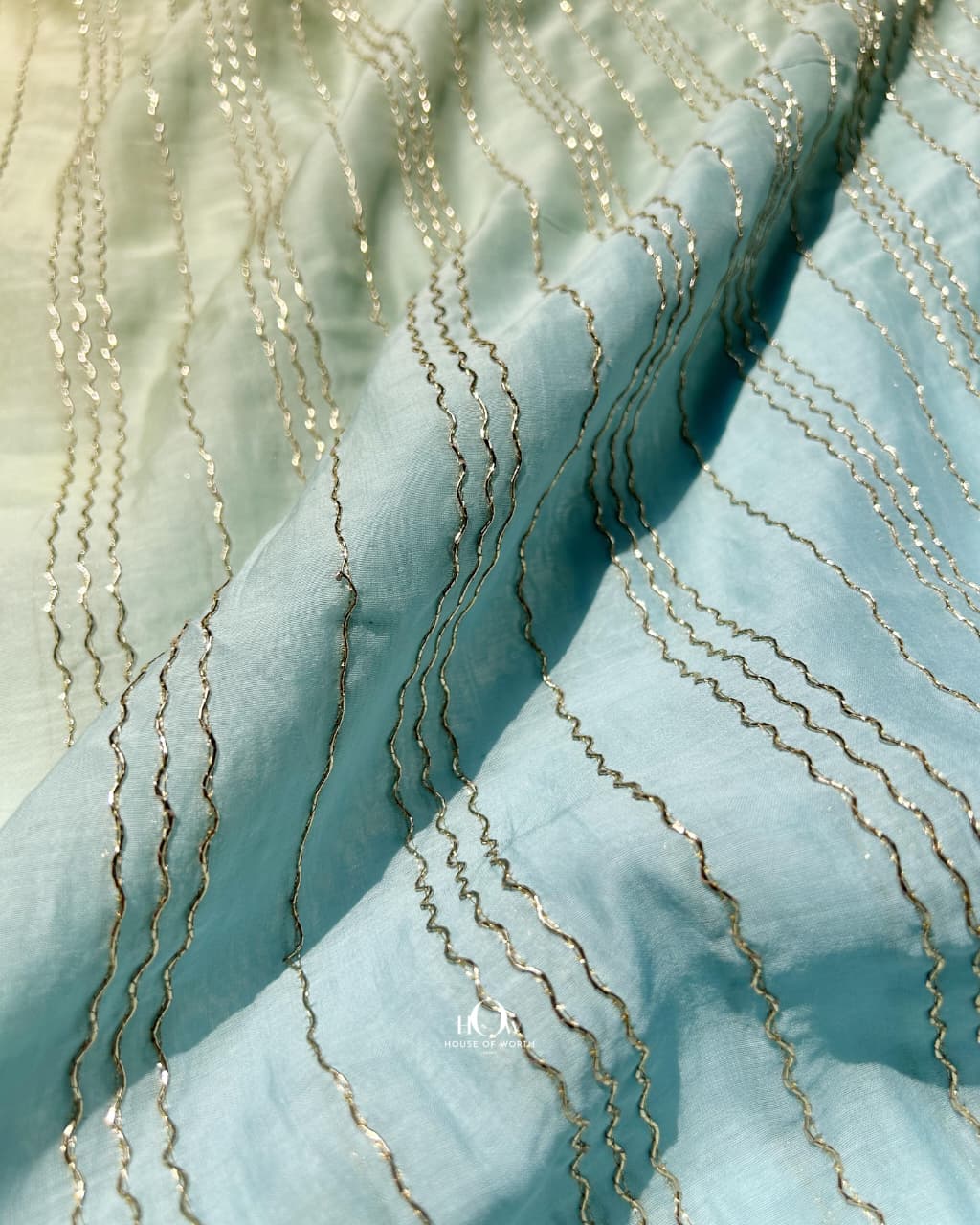 Blue green ombre chanderi fabric with delicate embroidery for designer wear