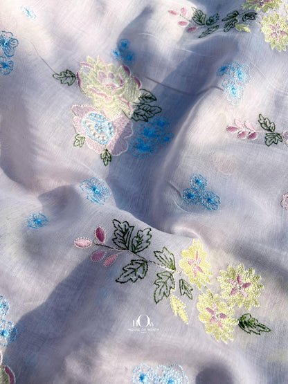 Wholesale supplier of Mul Chanderi fabric in lavender – floral embroidery ideal for custom-made ethnic outfits.