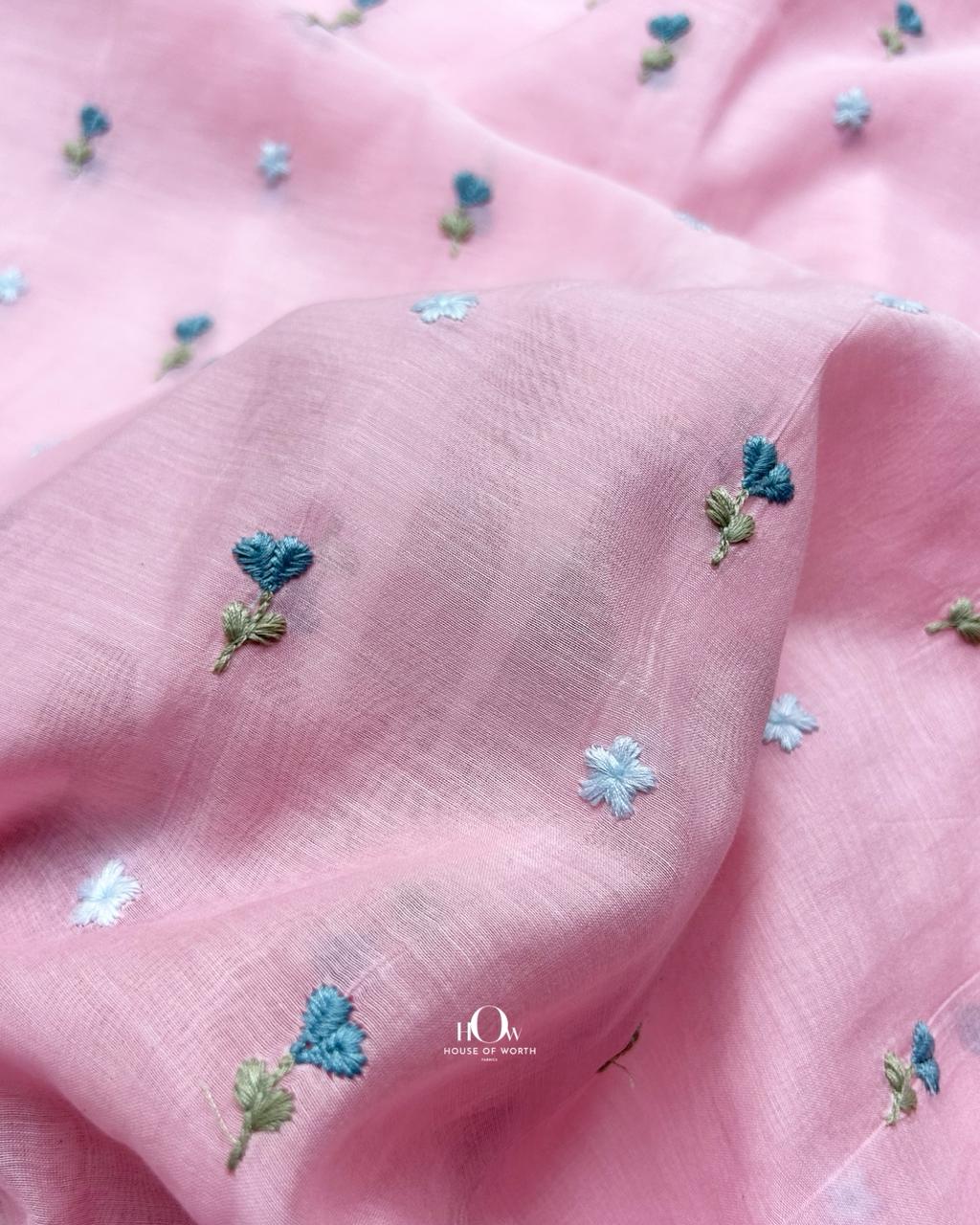 Premium embroidered Mul Chanderi fabric pink with delicate floral pattern – ideal for designer kurtas and dresses