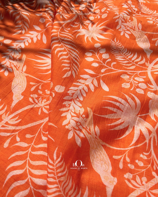 Printed Mul Chanderi fabric with leaf and vine motifs – soft handloom fabric ideal for sarees and ethnic suits.