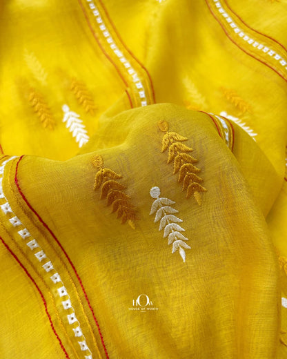Pure mul chanderi fabric in Haldi Mustard Yellow with striped buti embroidery