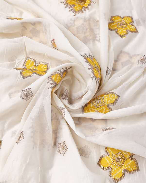 Handloom Mul Chanderi textile with intricate embroidery for wedding wear and festive outfits