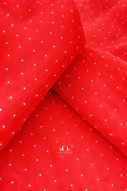 Deep red rhinestone organza cloth ideal for luxurious sarees and outfits