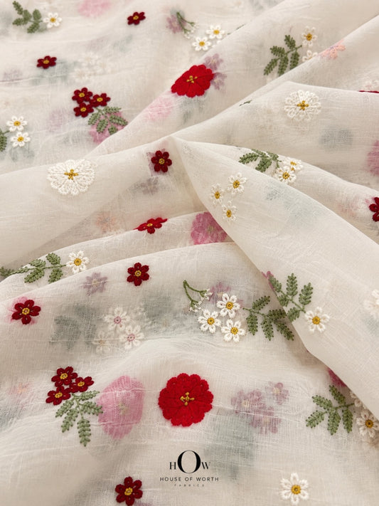 Ivory white Pure Mul Chanderi with red, burgundy and ivory floral embroidery with green botanical sprigs