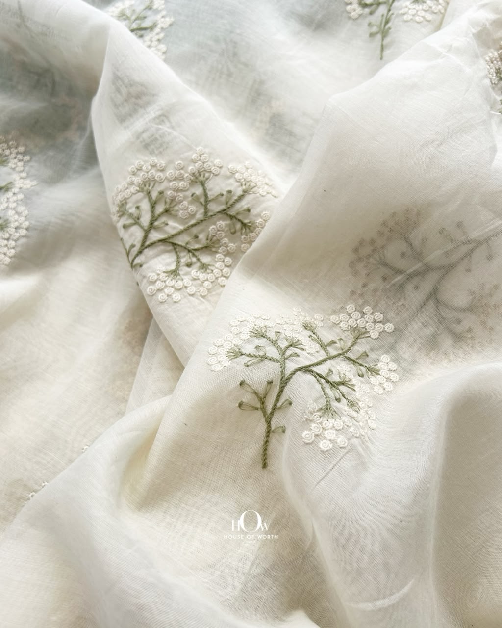 Elegant Mul Chanderi fabric for sarees, kurtas and blouses in an ivory sage palette