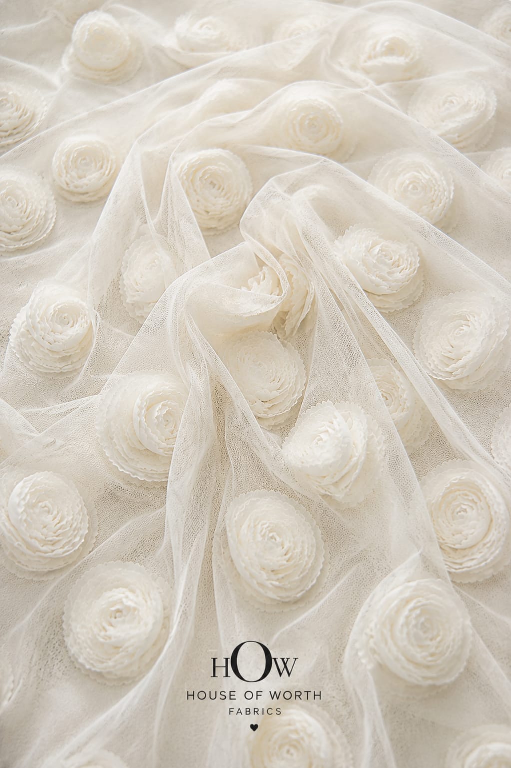 Ivory white 3D floral applique fabric on net with raised flowers