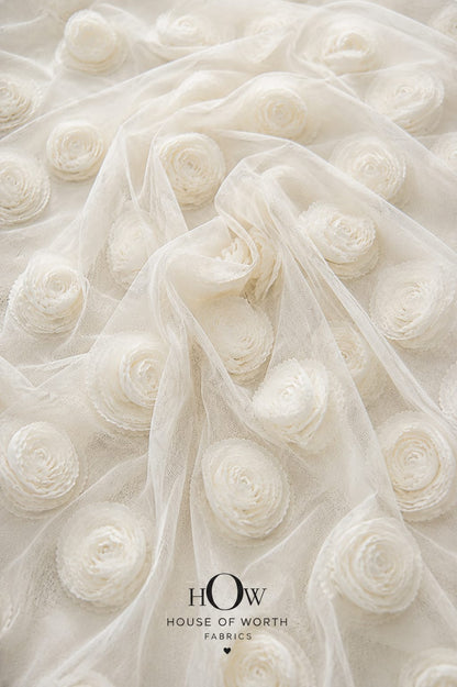 Ivory white 3D floral applique fabric on net with raised flowers