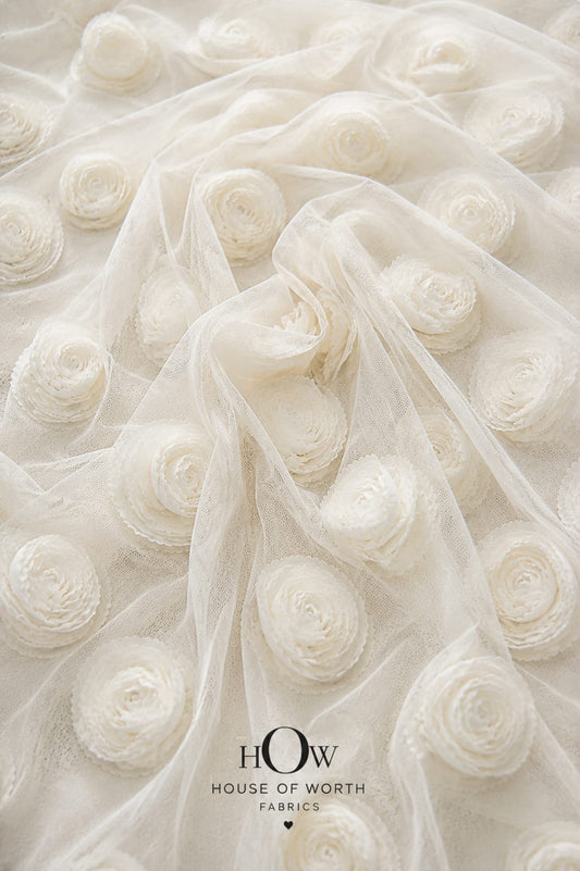 Ivory white 3D floral applique fabric on net with raised flowers