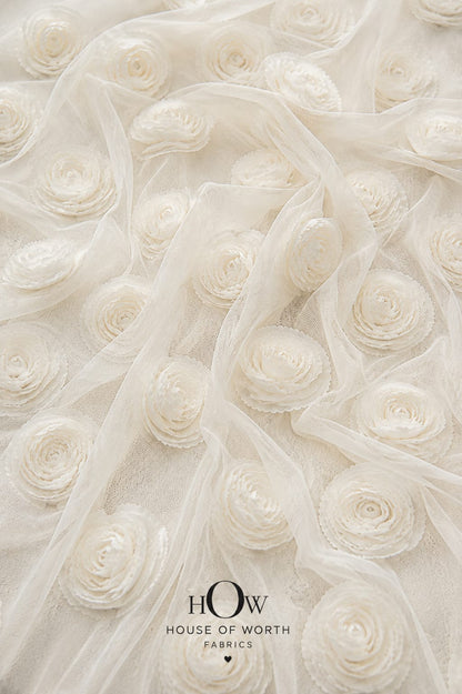 Ivory white 3D flower applique net fabric for skirts and overlays