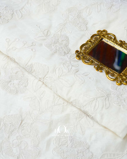 Ivory White Pure Mul Chanderi Fabric with floral jaal embroidery and soft sheen