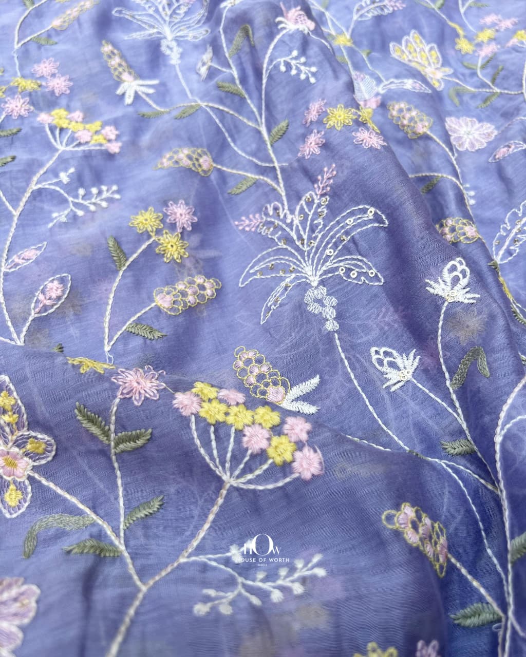 dusty lavender blue chanderi fabric with all over vine embroidery