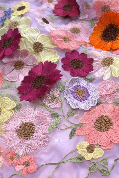 3d flower fabric lilac close-up on mesh net, lightweight floral embroidery for gowns