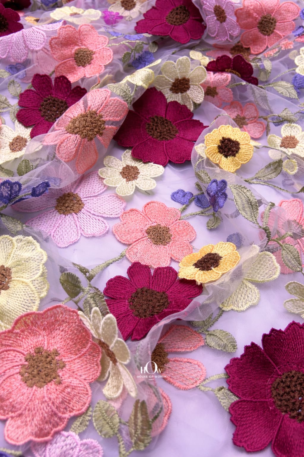  Lilac floral applique fabric with airy dimensional blooms on net, modern couture aesthetic