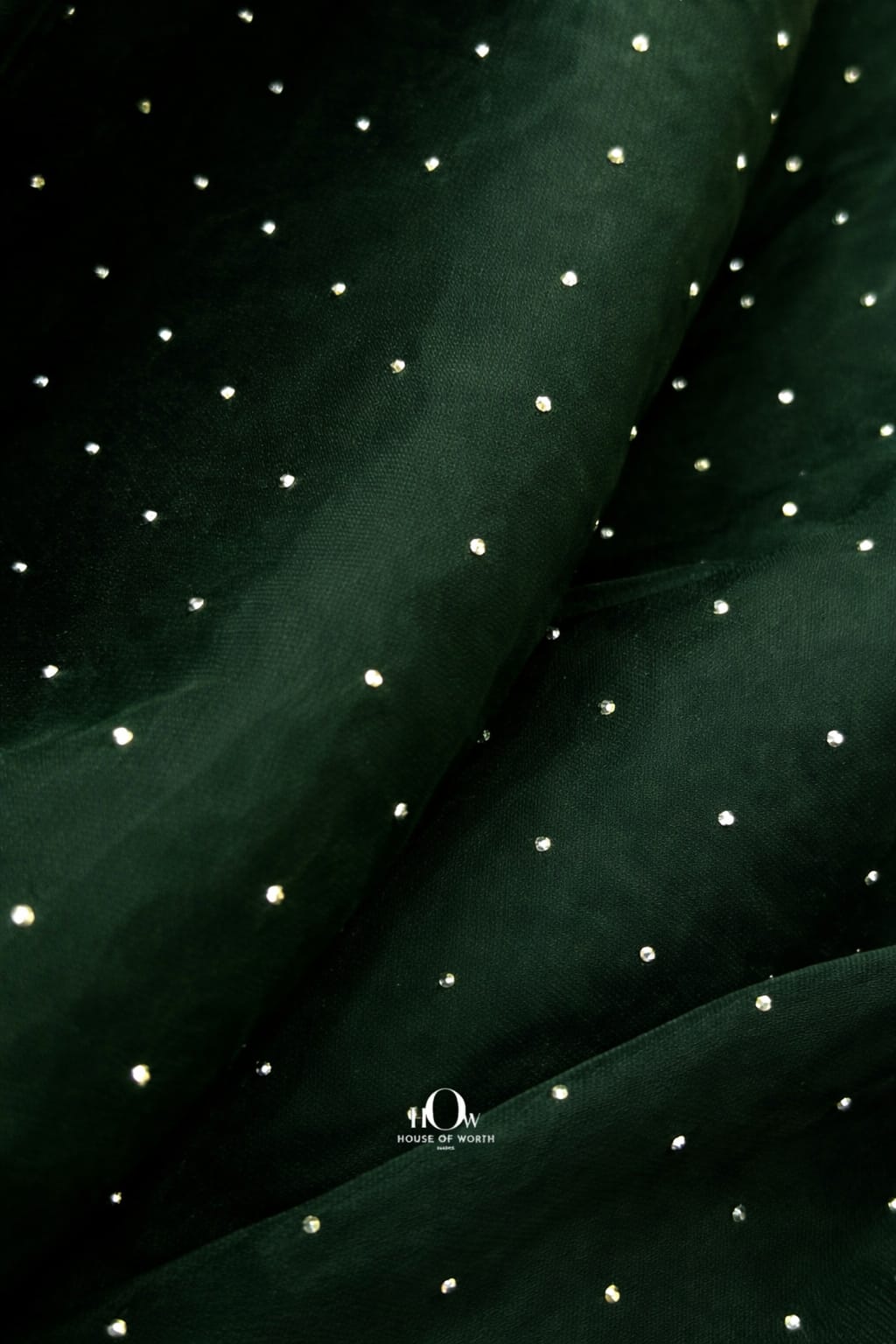 Premium bottle-green rhinestone organza fabric for elegant partywear