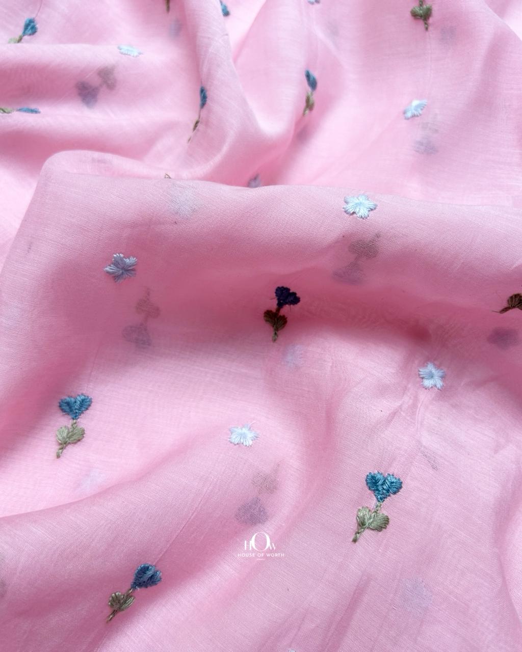 Pure Mul Chanderi pink fabric with intricate floral embroidery – breathable, soft fabric for upscale kurta designs