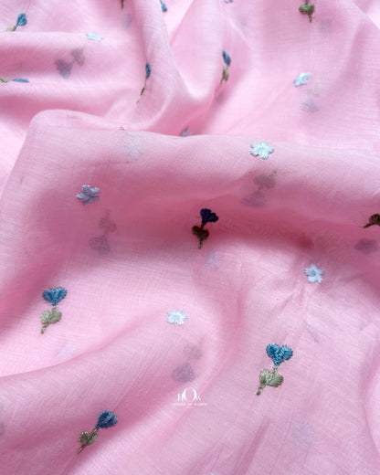Pure Mul Chanderi pink fabric with intricate floral embroidery – breathable, soft fabric for upscale kurta designs