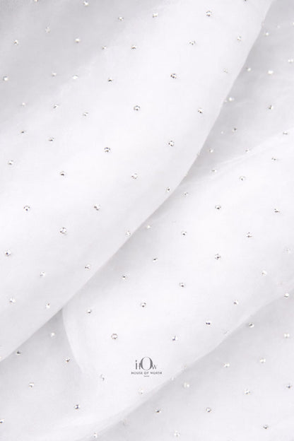 Premium pure white rhinestone organza fabric for elegant evening gowns