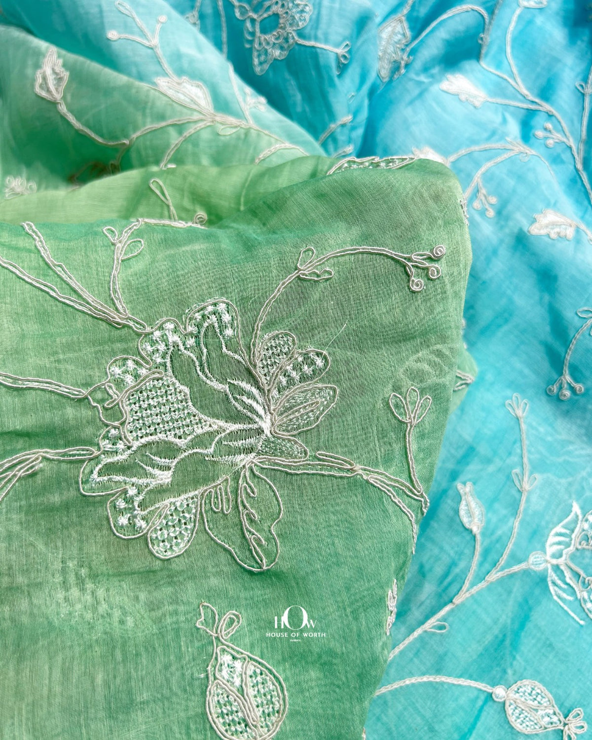 Mahisha blue green Pure Mul Chanderi floral embroidery fabric online India for designer apparel