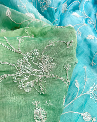 Mahisha blue green Pure Mul Chanderi floral embroidery fabric online India for designer apparel