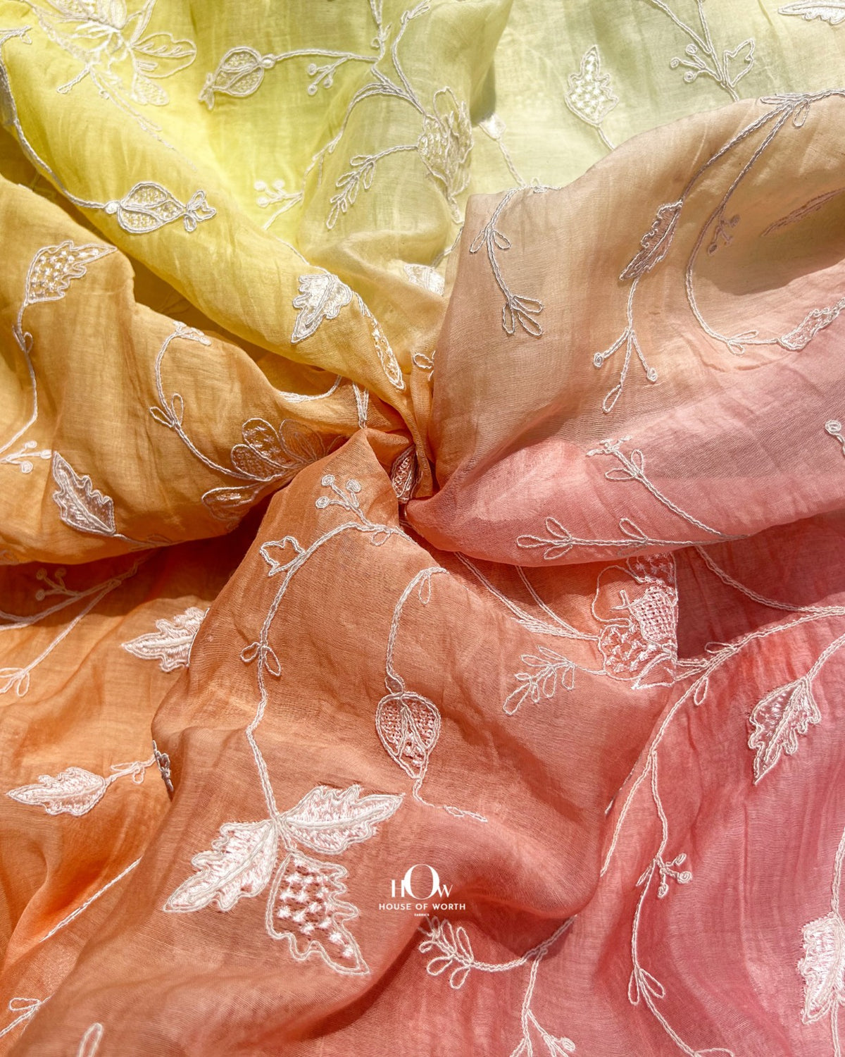 Mahisha ombre yellow Pure Mul Chanderi floral embroidery fabric online India for designer outfits