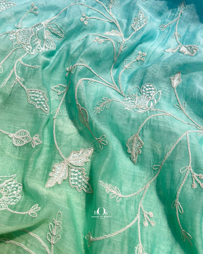 Blue green embroidered Pure Mul Chanderi fabric for suits, kurtas and festive wear