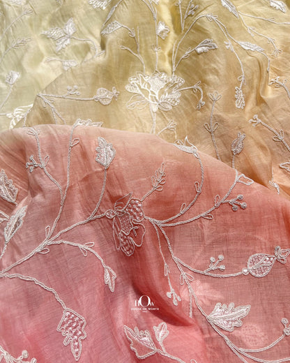 Mahisha ombre beige Pure Mul Chanderi floral embroidery fabric for dresses and designer wear