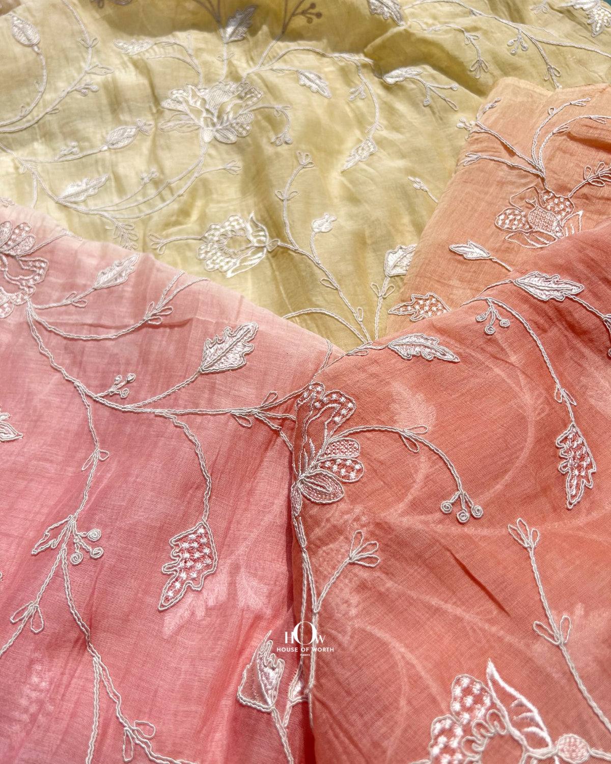 Ombre beige embroidered Pure Mul Chanderi fabric for kurtas, suits and festive wear