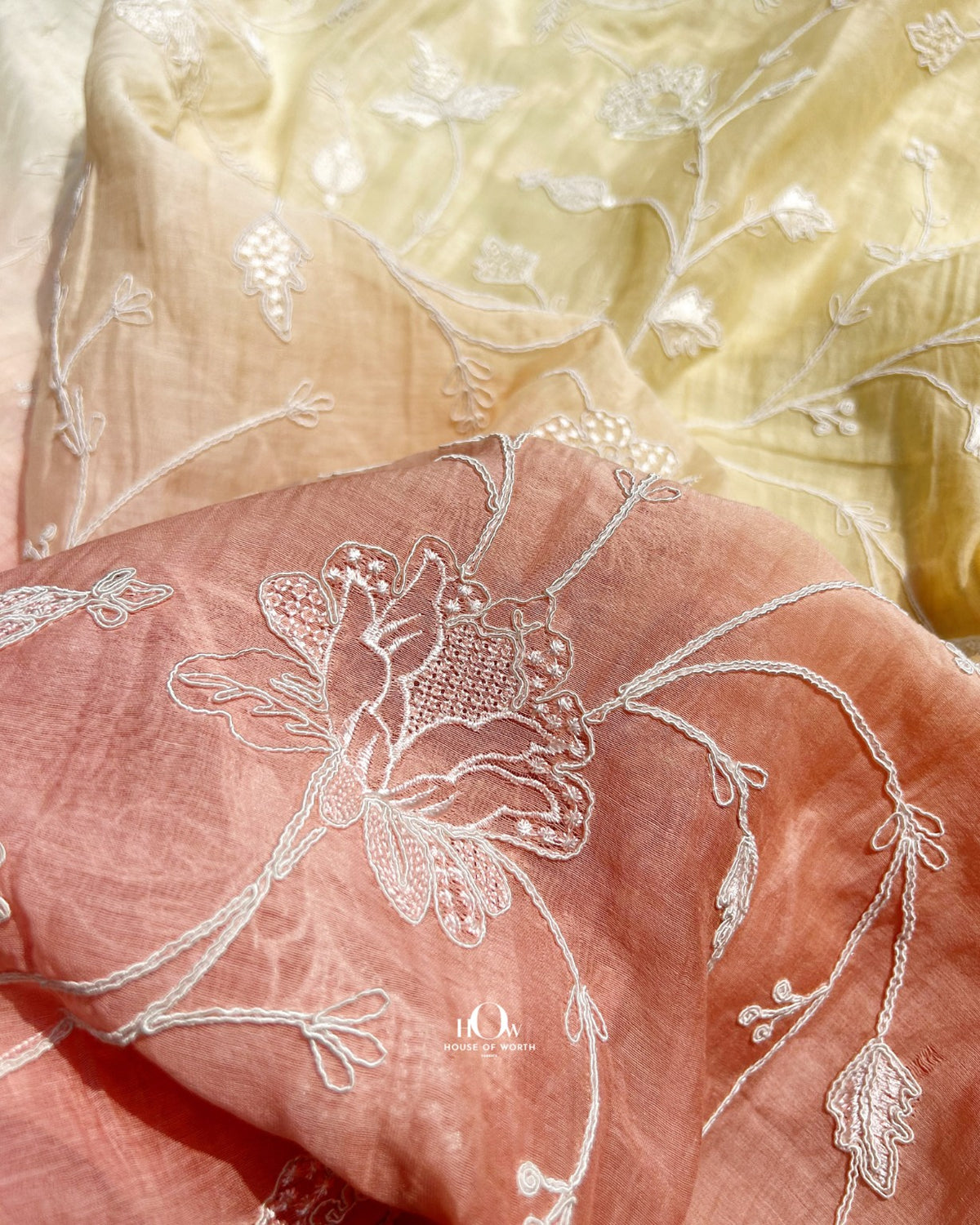 Mahisha Pure Mul Chanderi ombre beige floral embroidery fabric for suits and dresses