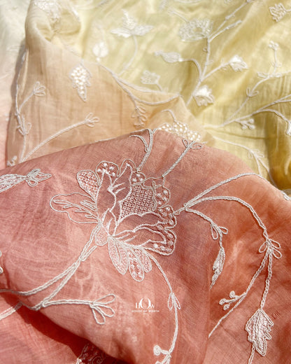 Mahisha Pure Mul Chanderi ombre beige floral embroidery fabric for suits and dresses